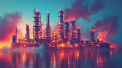 Fototapeta premium Refined Industry at Dusk: A Breathtaking Panorama of Industrial Might