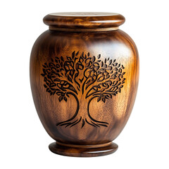 A Polished Wooden Urn with Tree of Life Engraving Isolated on Transparent Background