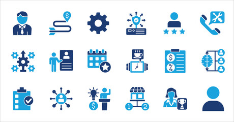 Business management company colored flat icon set. Contains symbol of finance, success, data, businessman, target, customer service, work, money, store, meeting, education, idea. Vector illustration