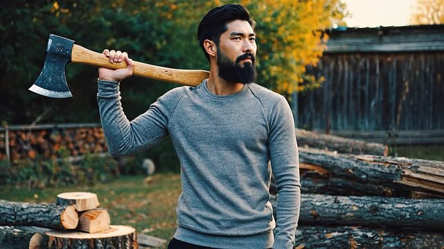 Man with axe, autumnal woodpile background, active lifestyle, outdoor portrait