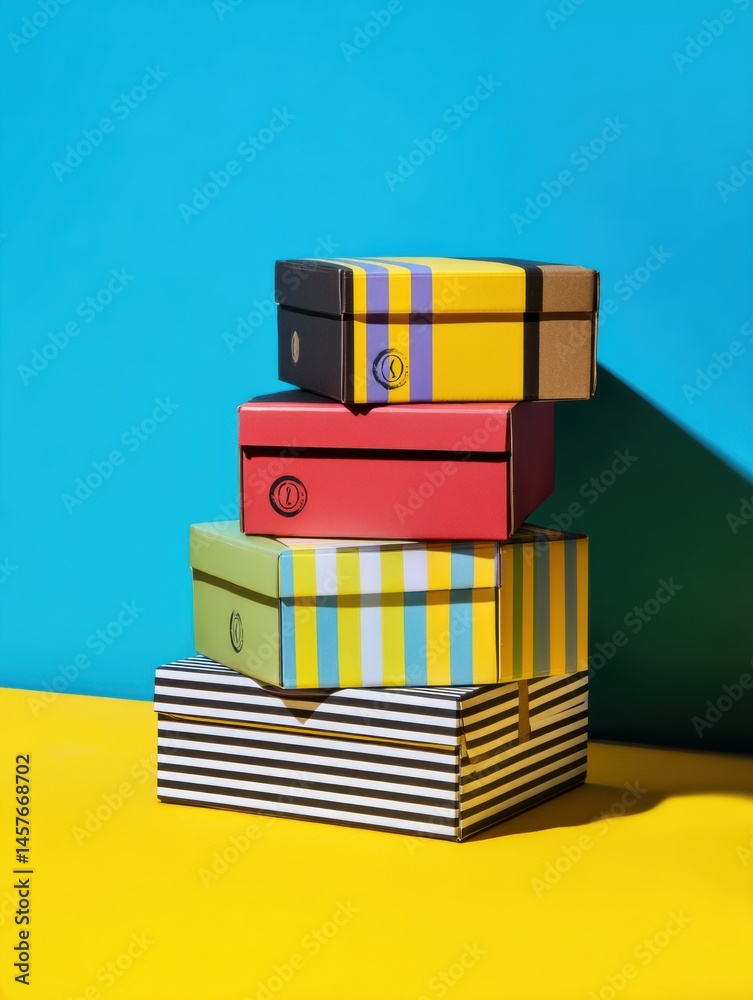 Poster Colorful Stack of Shipping Boxes Arranged Against a Bright Blue and Yellow Background Creating a Vibrant Display Generative AI