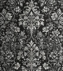 Elegant black & white gothic damask wallpaper, intricate floral & geometric designs , texture, print
