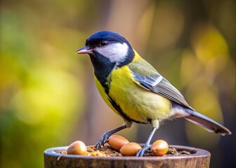 Obraz premium Cute Great Tit Bird at Feeder Holding Nut - Wildlife Photography