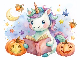 Naklejka premium Cute Halloween Unicorn with Spellbook - Watercolor Clipart for Nursery Decor