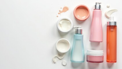 Various cosmetic containers on white background, white, sale