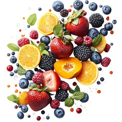 Luminous Vibrant Fusion III Creative Composition of Fruit and Berries with Leaves Isolated on Transparent Background