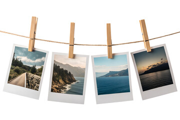 Four landscape photographs hanging from a jute string with wooden clothespins