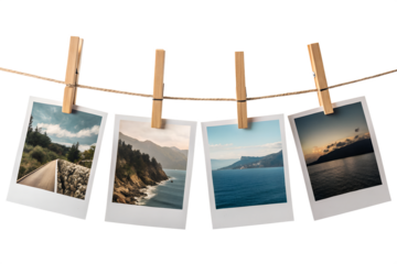 Four landscape photographs hanging from a jute string with wooden clothespins