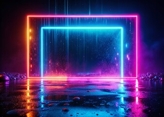 Cyberpunk Neon Landscape: Vibrant Frame on Dark Background