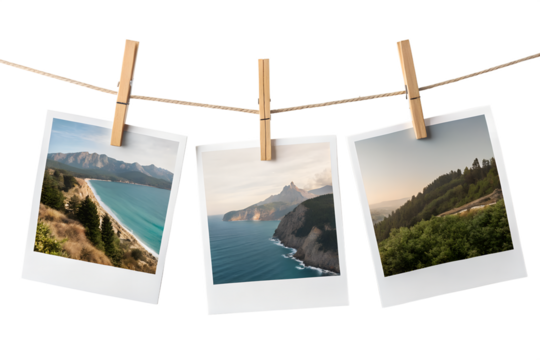 Three landscape photographs hanging from a rustic twine with wooden clothespins