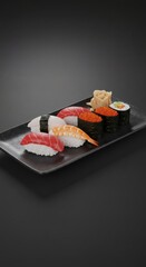 A black plate featuring an assortment of sushi including tuna shrimp and roe with ginger garnish
