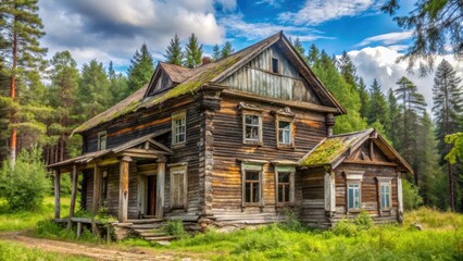 Obraz premium Decaying wooden beams and crumbling plaster adorn a once-grand Russian house now ravaged by time and weathering forces in rural Siberia, neglect, forest