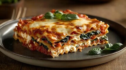 A delicious layer of lasagna is plated with basil and red sauce toppings