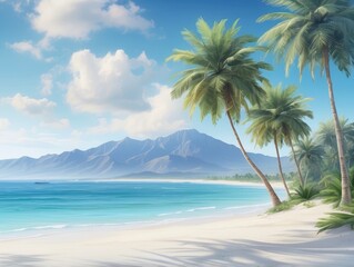 Obraz premium Tropical Beachside View with Ocean Waves and Palm Trees Illustration
