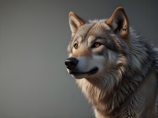 Fototapeta premium Close up of a wolf with gray and brown fur, looking alert and focused. The wolfs amber eyes and black nose are prominent against a blurred background.