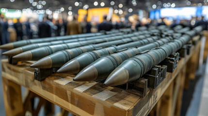 Exhibition of advanced military missiles displayed in a high-tech hall, symbolizing global power, defense innovation, modern warfare readiness, and international military technology race

