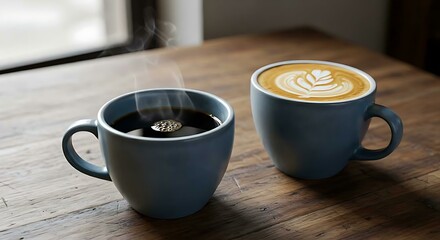 Close-up of two blue coffee cups, one with hot latte and the other with Americano, on a rustic wooden table in a cozy café setting.