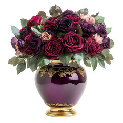 Purple Porcelain Vase with Roses Isolated on Transparent Background
