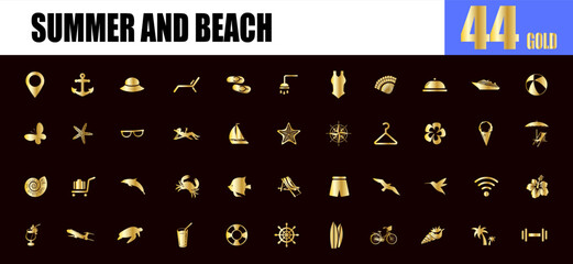 Summer and beach solid gold icons. Summer holiday luxury icons.