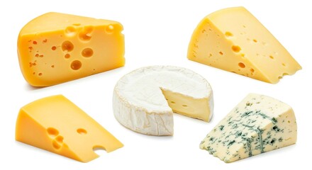A variety of cheese types including swiss brie and cheddar on a white background studio food photography