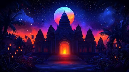 Fototapeta premium Mystical Temple Under a Giant Moon