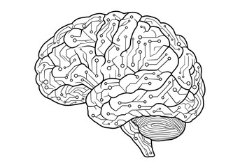 Abstract Brain with Neural Network Pattern Coloring Page - AI Technology Line Art for Adults & Children