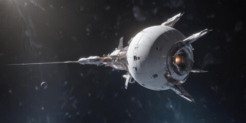 Sleek spacecraft orbiting luminous white planet  ,  orbital mechanics,  stars