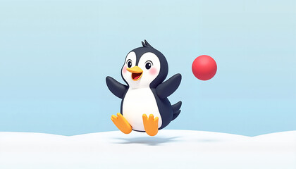 Naklejka premium Cheerful penguin playing with a red ball on snowy background