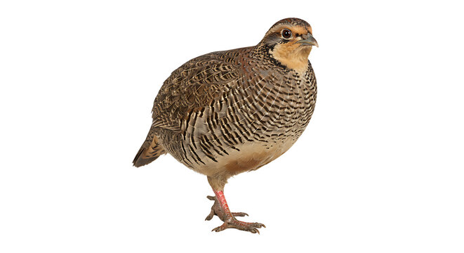 Frankolin Bird Exhibiting Plumage Beauty on a White Backdrop in Sharp Focus