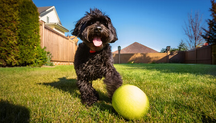 Happy Black dog playing in the back yard