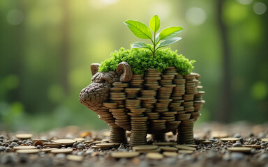 A piggy bank crafted from coins sprouts a vibrant green plant, symbolizing growth and sustainable investment in a natural setting.