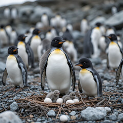 Fototapeta premium Gentoo penguins and rookery with chicks and eggs in port Stanley Falklands