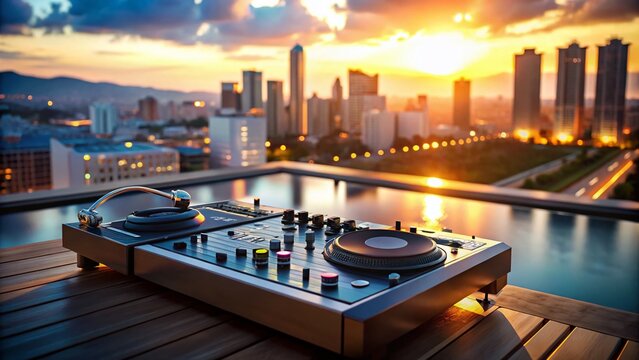 DJ Setup Cityscape Sunset Poolside Bokeh - Stock Photo