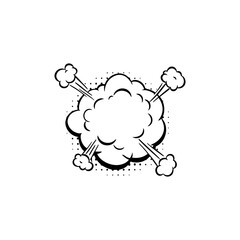 Cartoon explosion with halftone dot pattern and puffs of smoke emanating from the center, vector graphic, on a transparent background