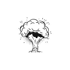 Stylized explosion cloud with dotted texture, black outline and radiating sparks, representing burst and impact. on a transparent background