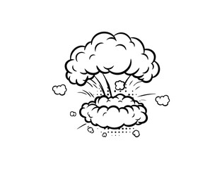 Explosion graphic with smoky clouds and halftone dots in a classic comic book style, black and white design on a transparent background