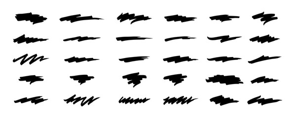 Diverse black brushstroke collection, smudges and scribbles with varying shapes, isolated for texturing and layering effects on a transparent background