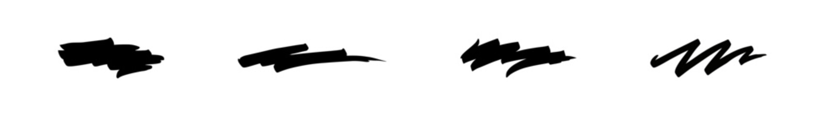 Four abstract ink shapes, expressing dynamic motion and brush strokes of varied intensity, graphic resource, element for text on a transparent background