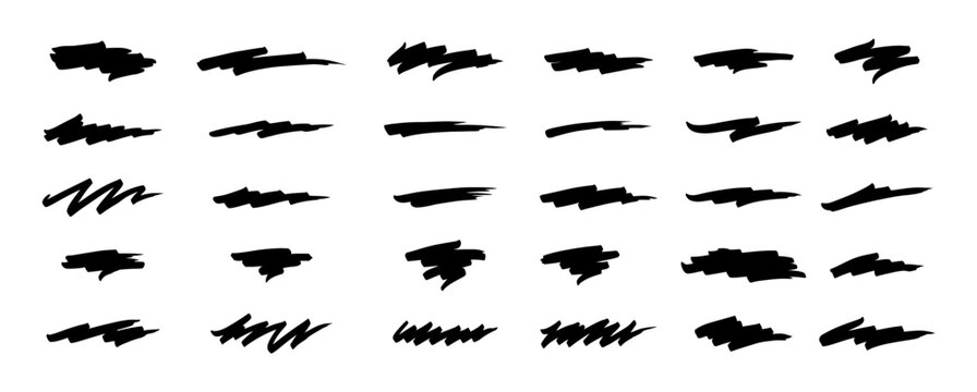 Diverse black brushstroke collection, smudges and scribbles with varying shapes, isolated for texturing and layering effects on a transparent background
