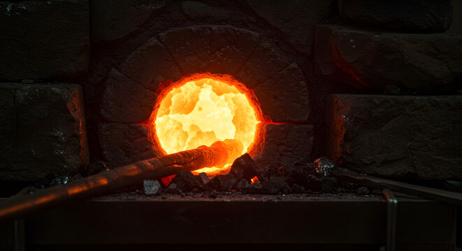 Glowing Hot Industrial Furnace with Iron Rod Casting Warm Light on Dark Brick Wall Illustrating Blacksmithing and Metalwork Process