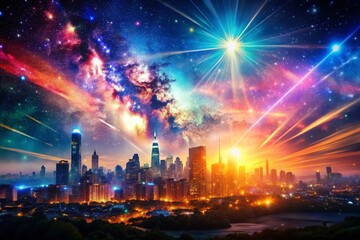 Fototapeta premium Double Exposure: City Lights and Celestial Beams - Abstract Photography