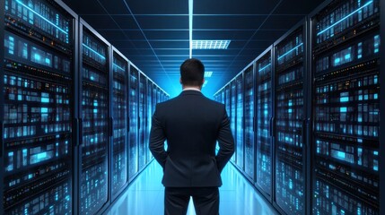 Businessman in server room data center