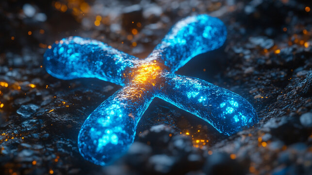 Glowing X chromosome in white gold and silver tones floats in abstract space, symbolizing genetic testing, DNA analysis, and the future of personalized medicine and biotechnology.