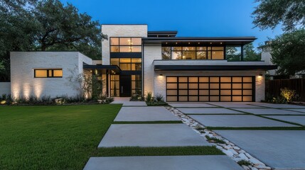 Fototapeta premium Modern house exterior at twilight with landscaping