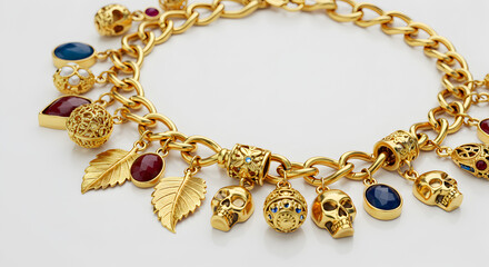 Golden Charm Bracelet with Skull Gems and Leaf Pendants on a White Backdrop for a Detailed and Luxurious Display