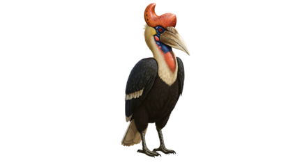 Whimsical illustration of a Knobbed Hornbill with detailed plumage and unique casque