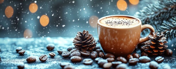 A cozy cup of coffee surrounded by pine cones, coffee beans, and a winter ambiance with soft snowflakes.