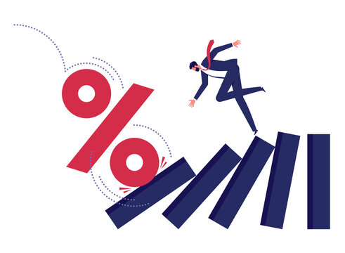 Interest rate and inflation percent impact economy and investment market concept, percentage sign fall to cause domino collapse causing businessman investor falling