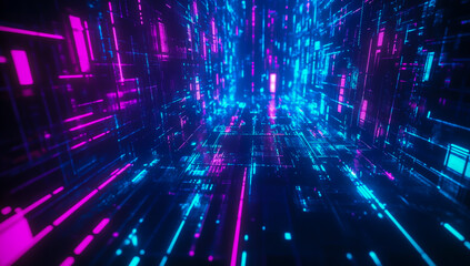 The 80s retro-inspired grid background combines vibrant neon blue and purple lights to create a futuristic, nostalgic feel.