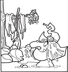 caricature sketch illustration of a silhouette of a witch wearing a hat and using a broomstick while taking a bath